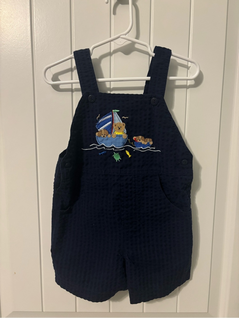 Navy Embroidered Bear Sailboat Shortalls - Kids Bottoms